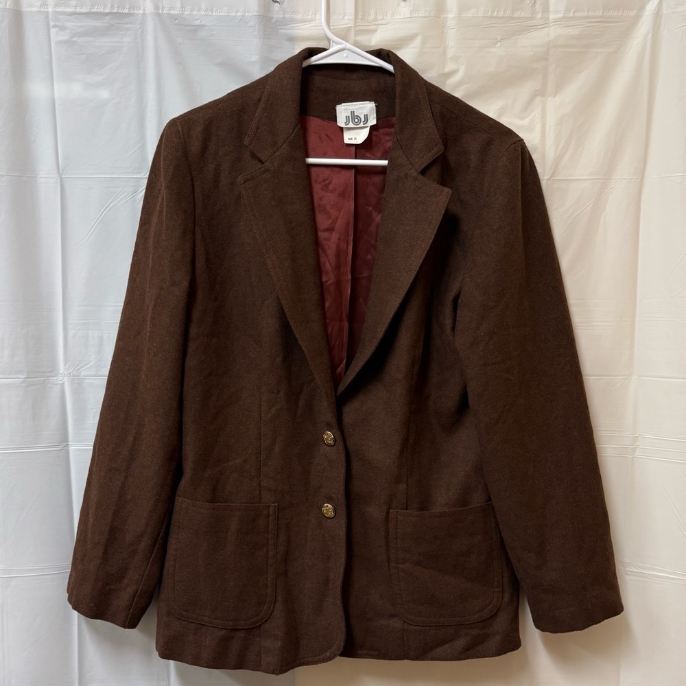 VTG 80s Womens wool Chocolate Brown Blazer JbJ Sportswear Academia Y2K Size 16